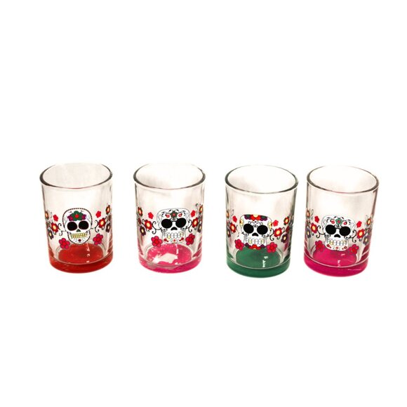 Set of 4 Vintage Glass Old Fashioned Tumblers Day of the Dead Sugar Skull - Picture 2 of 8